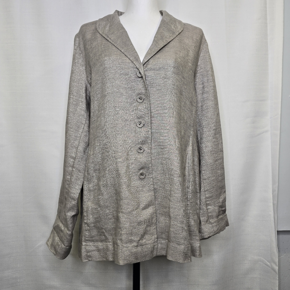 Eileen Fisher Jacket Blazer Gray Twinkle Shimmer Linen Blend Size Medium Pockets